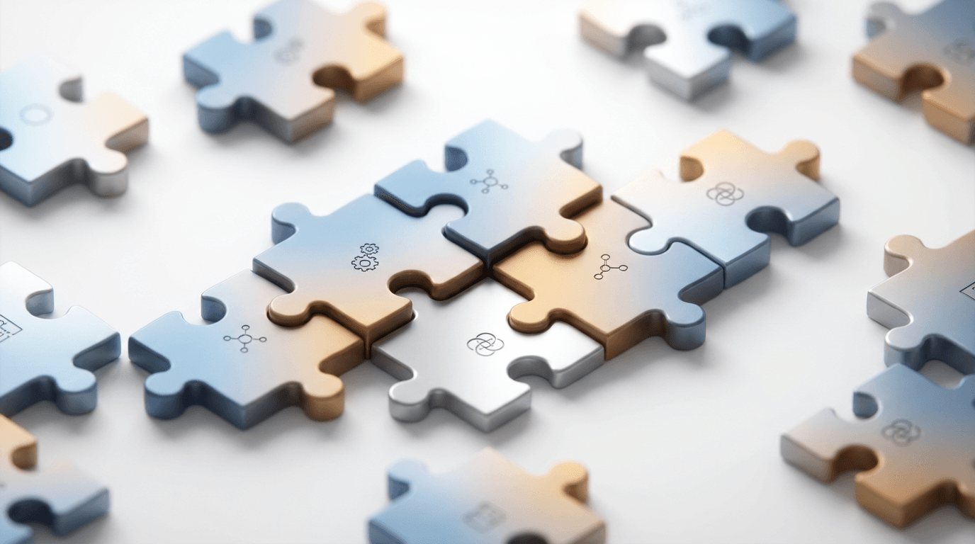 Interlocking metallic puzzle pieces with embossed icons on white surface, soft studio lighting.