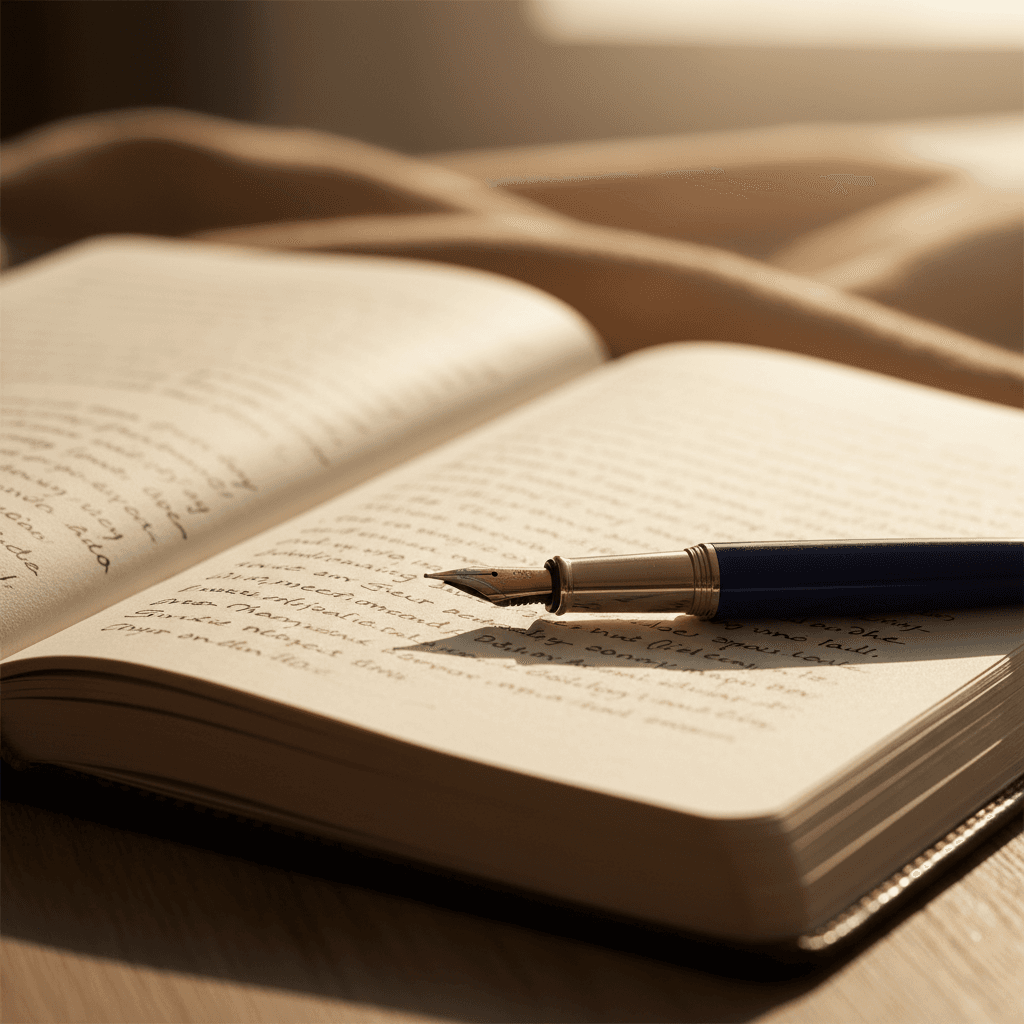 Close-up of open journal with handwritten reflections and fountain pen in soft morning light