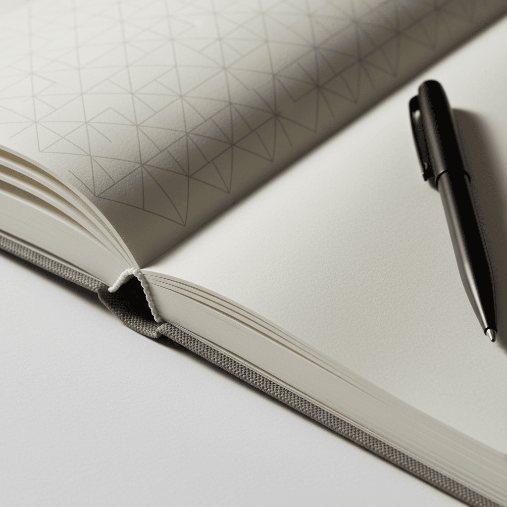 Close-up of open premium notebook showing quality paper texture, binding details, and blank pages with pen