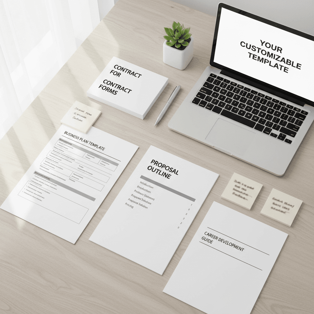 Overhead flat-lay arrangement of professional business templates, guides, and customizable documents on light workspace with laptop