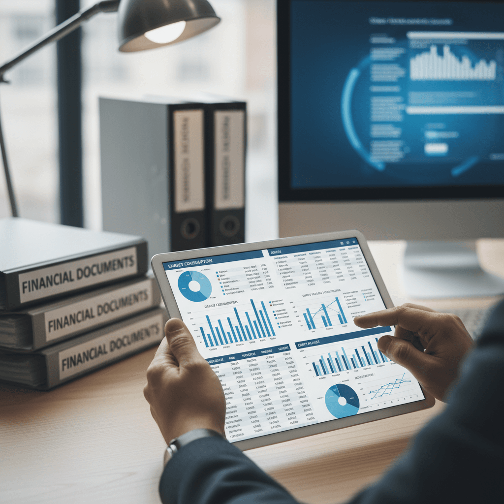 Financial analyst reviewing utility billing charts on tablet at modern office desk with natural lighting
