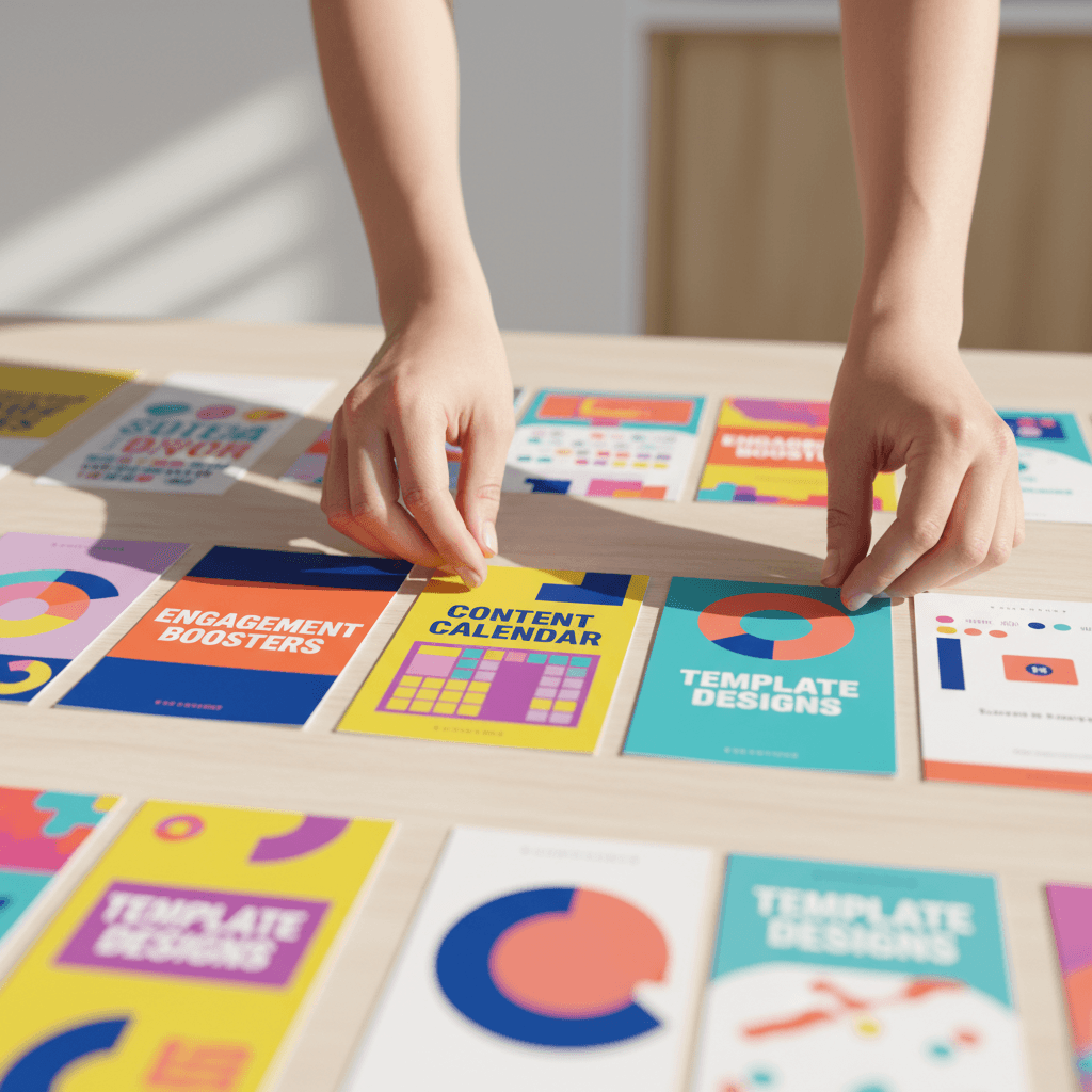Designer hands arranging colorful social media content cards and campaign mockups in overhead flat-lay composition