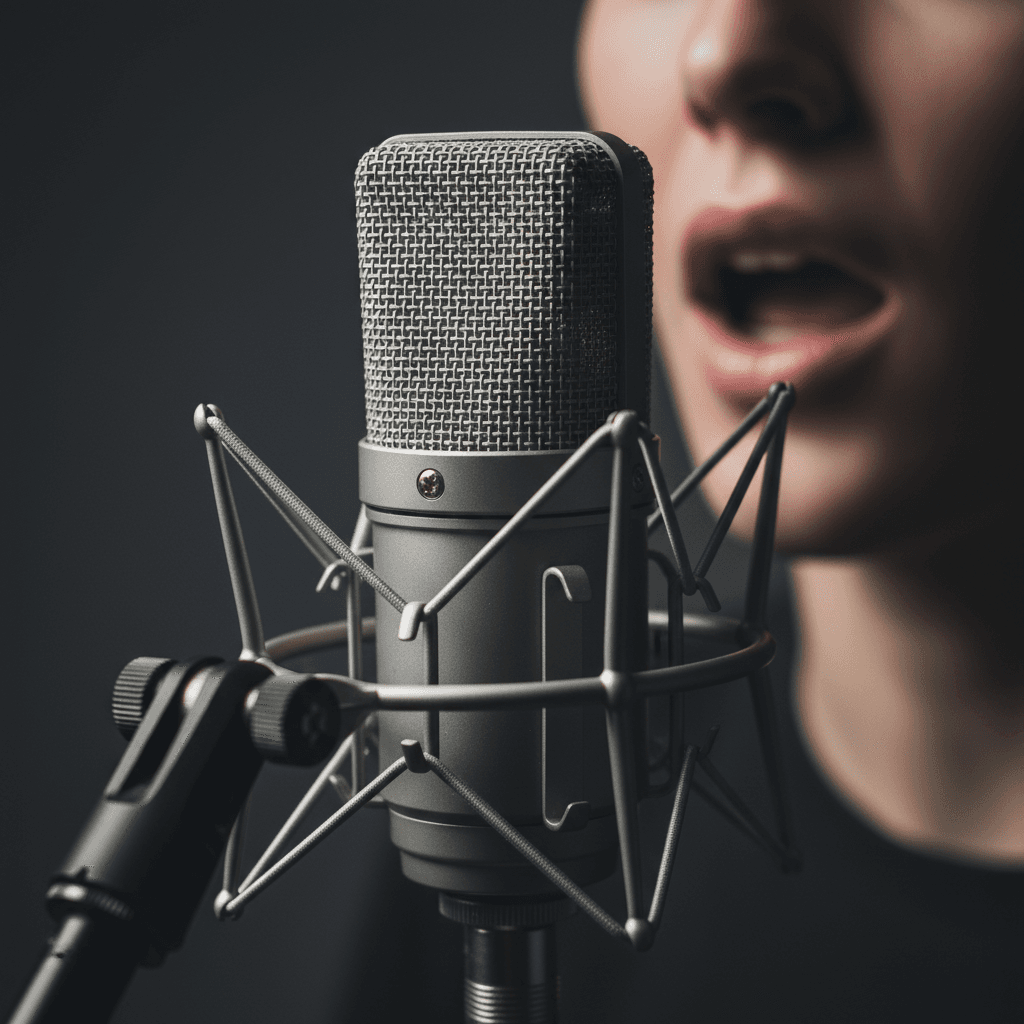 Close-up of microphone during vocal performance recording, showing professional studio setup and technique