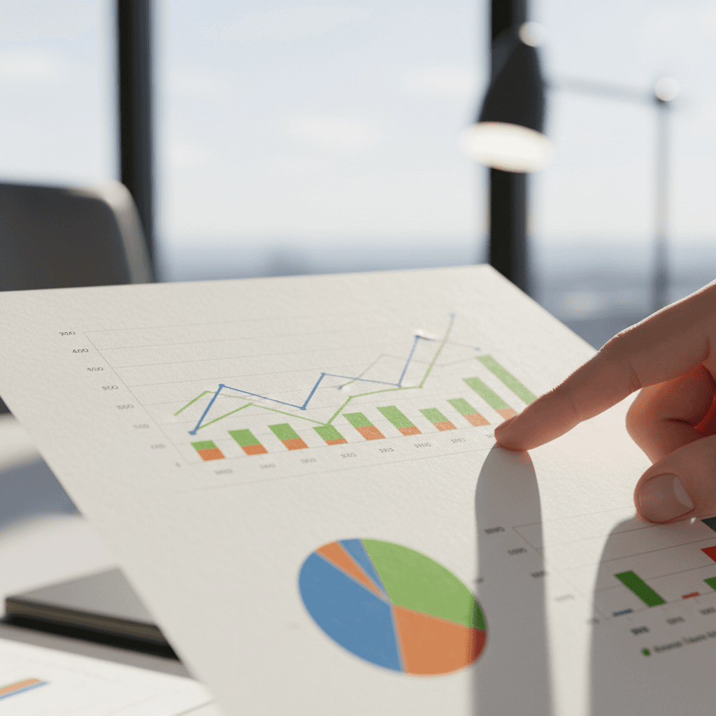 Colorful printed data visualization charts showing graphs, bar charts, and pie charts in vibrant analytics colors