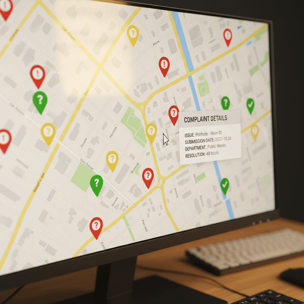 Desktop monitor displaying interactive map with color-coded complaint markers and detailed incident information popup