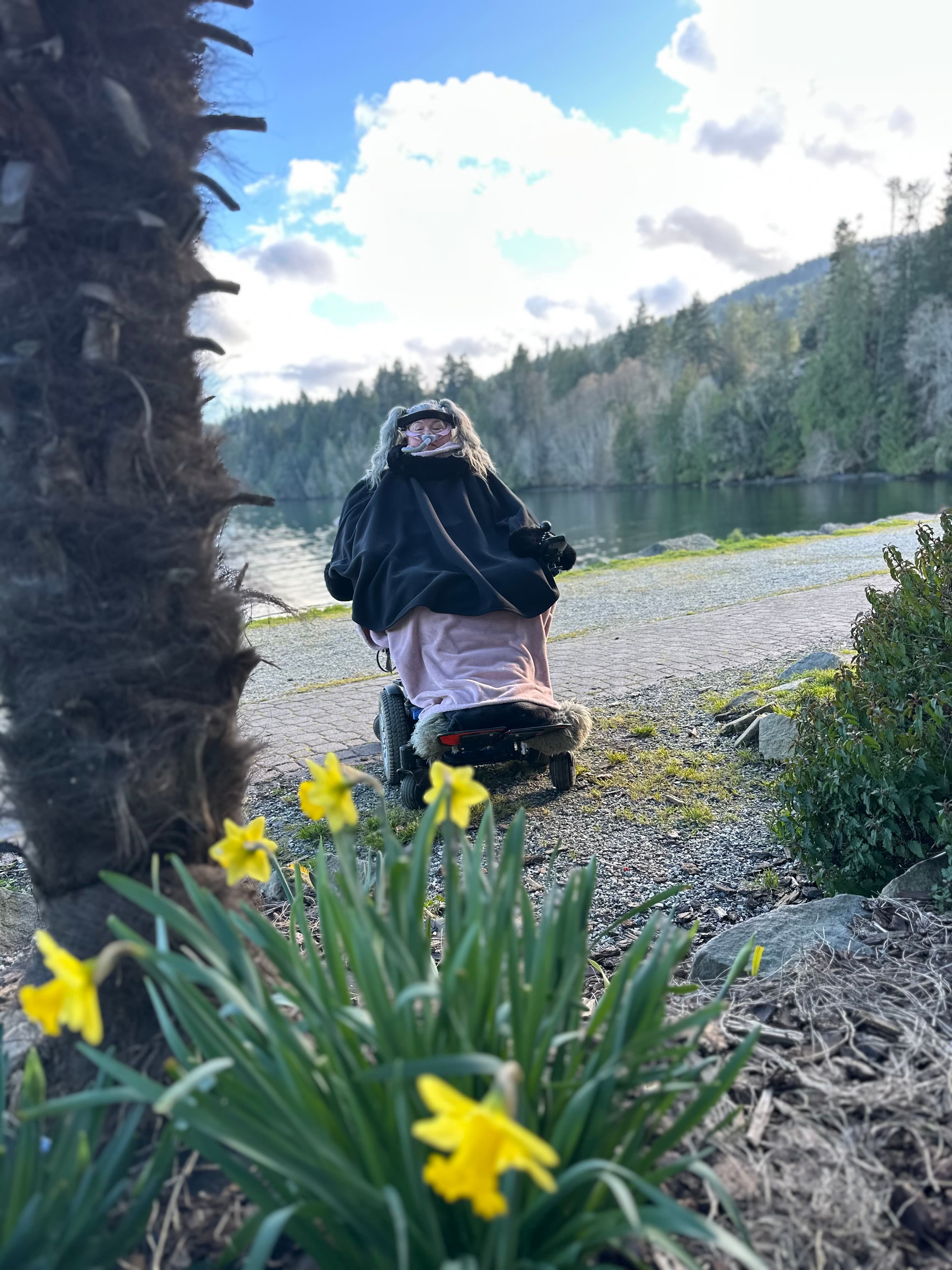 Person in a motorized wheelchair by a lake, framed by yellow daffodils and a palm.
